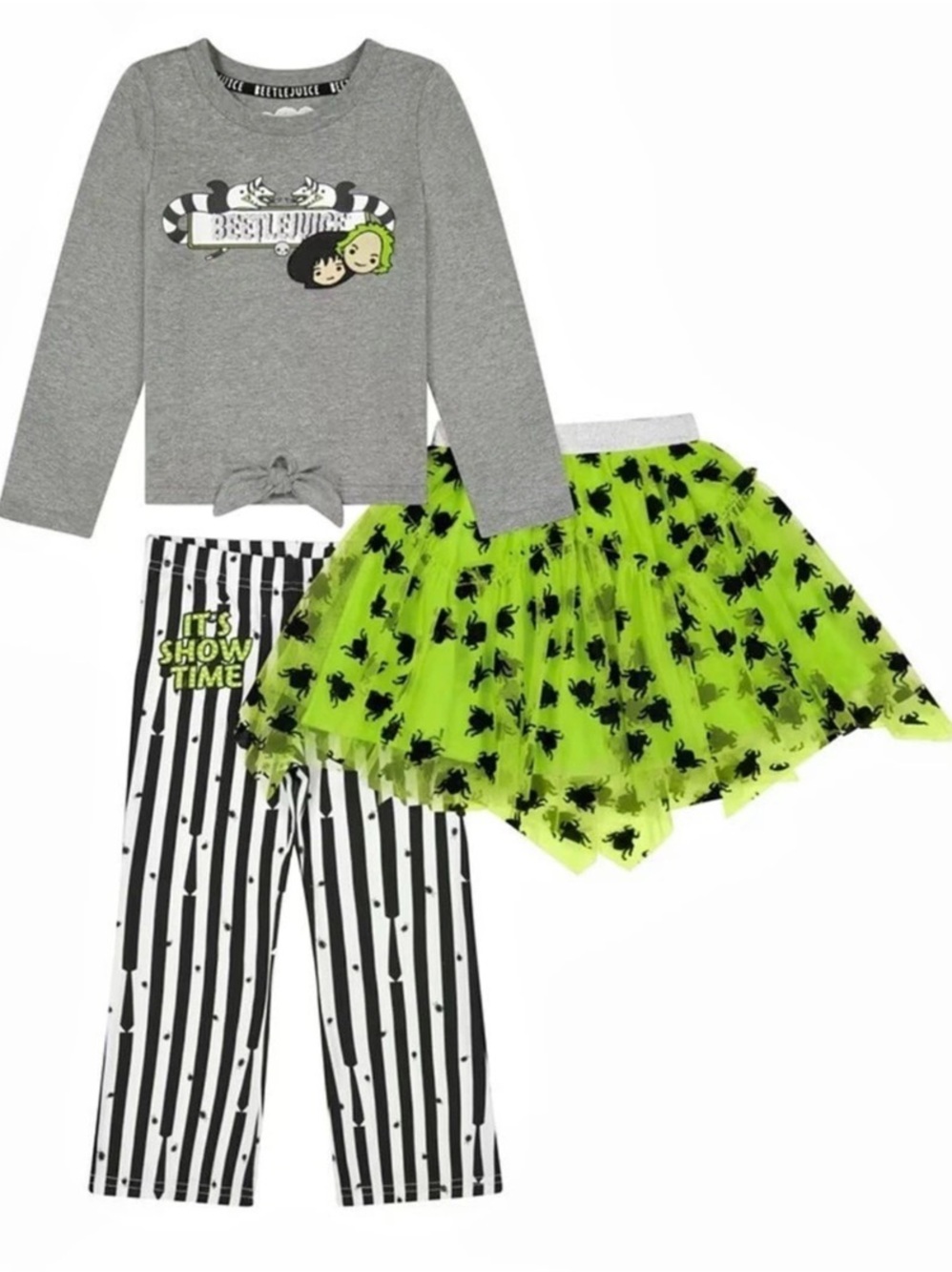Beetlejuice Toddler Girls Long Sleeve Top, Tulle Skirt, and Pants 3T